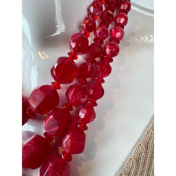 Vintage Triple-Strand Red Lucite Beaded Necklace With Brass Findings & Hook Clas - Picture 10 of 16